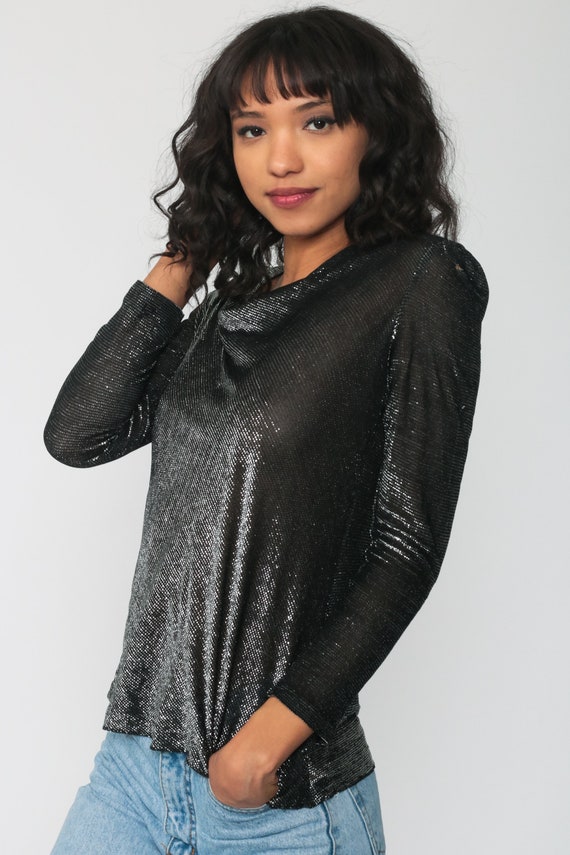 SHEER Metallic Top Black SILVER Blouse Bowl Neck … - image 3