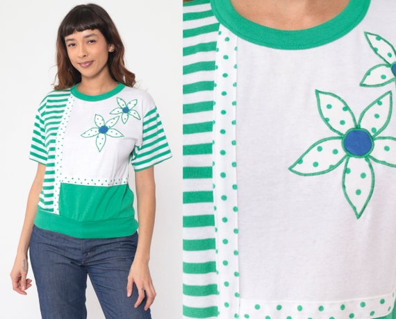 Striped Floral Blouse 90s Green White Color Block Slouchy Shirt Mixed Media Top Vintage Polka Dot Granny 1990s Casual Short Sleeve Small