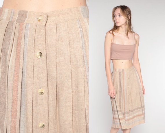 Tan Pleated Skirt 80s Striped Button Up Midi Skirt Retro Secretary Skirt High Waisted Preppy Retro Neutral Vintage 1980s Extra Small xs