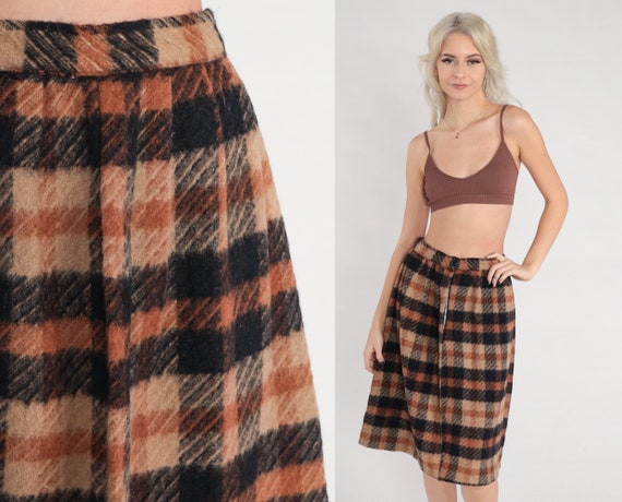 Brown Plaid Skirt 70s Knee Length Midi Skirt Retr… - image 1