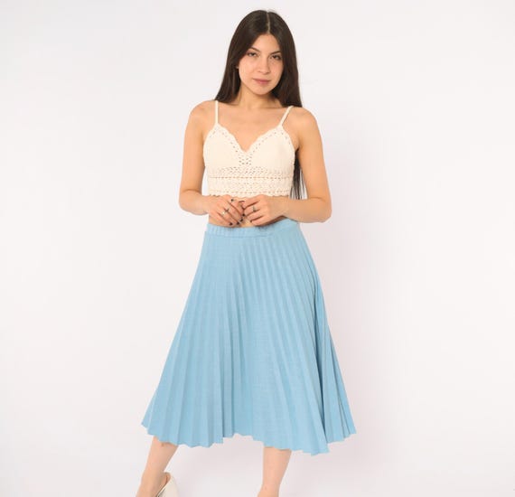 70s Pleated Skirt Light Blue Accordion Elastic Waist A Line Textured Full Swing Sears Preppy Dark Academia Spring Summer Vintage Large L