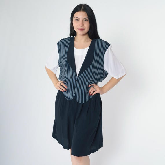 90s Wide Leg Romper Shorts Navy Blue Striped Midi Playsuit Button up Retro Short Sleeve Twofer Preppy Vintage 1990s Large L