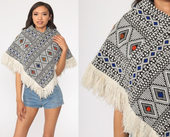 Embroidered Poncho Aztec MEXICAN Shawl FRINGE Cap… - image 1