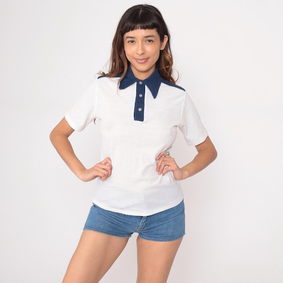 70s White Polo Shirt Navy Collar Shoulder Stripes Short Sleeve Cotton Preppy Collegiate Color Block Vintage Tennis Golf Medium M