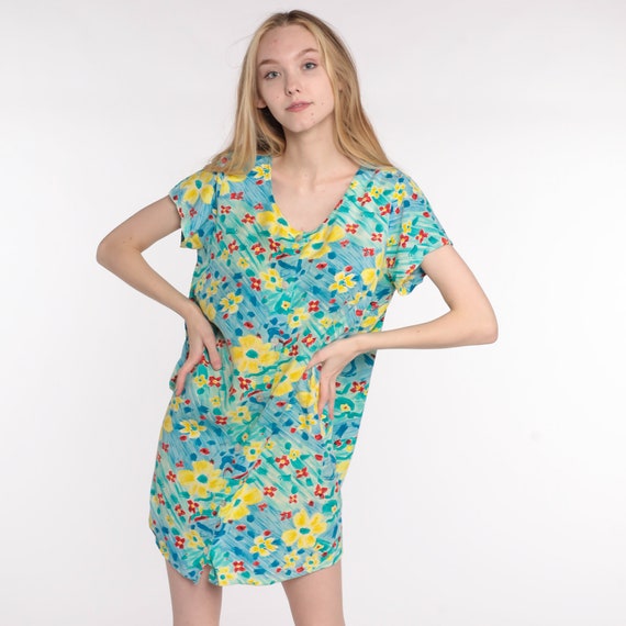 Watercolor Floral Dress Mini 90s Blue Green Summe… - image 4