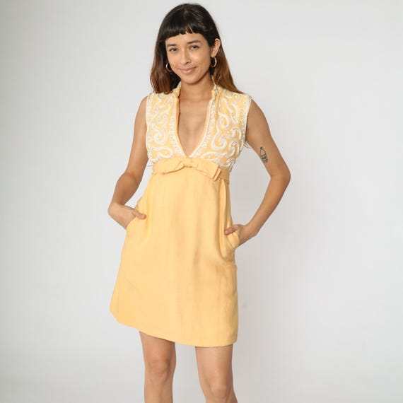 60s Peach Party Dress Vintage Beaded Bow Waist Mod Mini Empire Waist Cocktail Maison Mendessolle 1960s Sleeveless Deep V Neck Extra Small xs