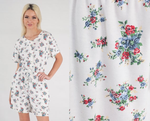 White Floral Romper 90s Wildflower Playsuit Shorts Wide Leg High Drawstring Waist 1990s Short Sleeve Vintage Button Up Jumpsuit Small Medium