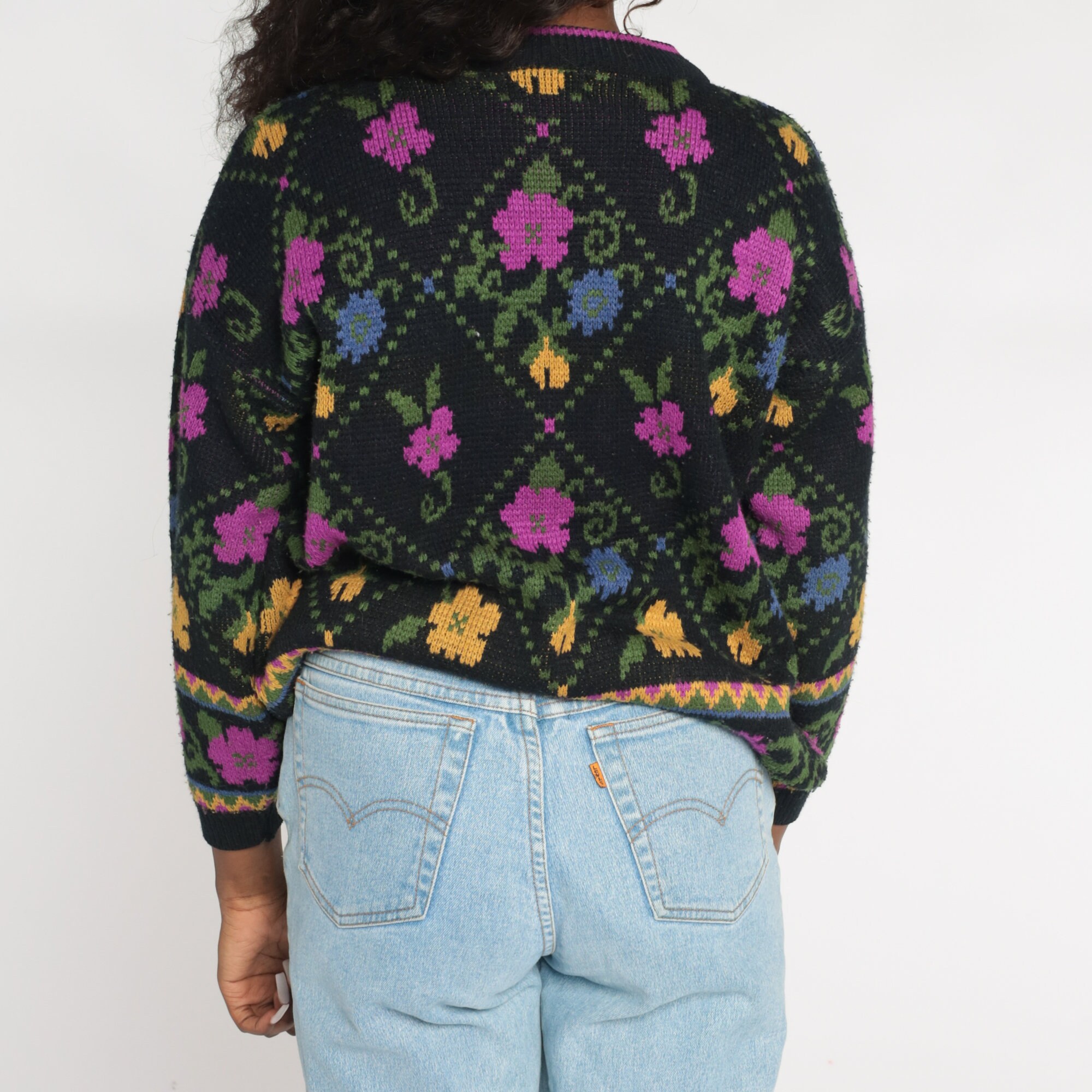 Black Floral Sweater 90s Knit Flower Sweater Retro Slouchy Pullover