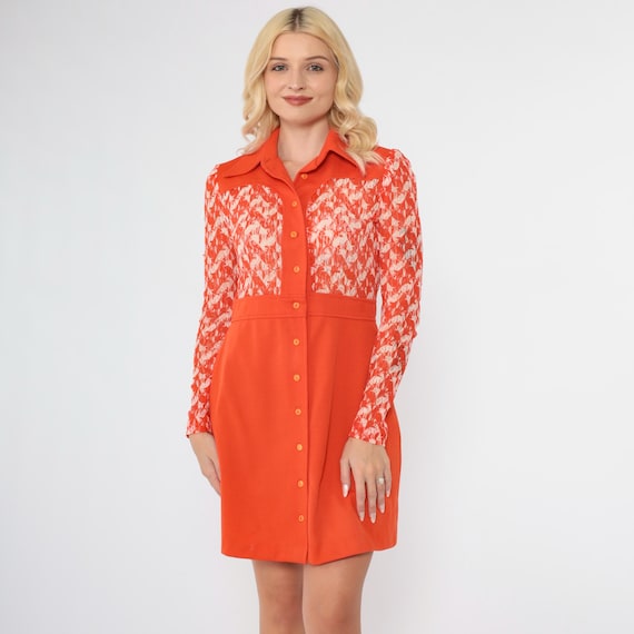 70s Mod Lace Dress Animal Print Dress Cat Pattern Mini Orange Sheer Long Sleeve Collared Button Up Novelty Print High Waist Vintage Small