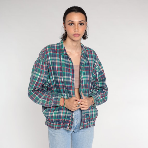 Plaid Windbreaker 80s Snap Up Bomber Jacket Retro Basic Streetwear Checkered Pockets Lightweight Casual Blue Red Green Vintage 1980s Small S