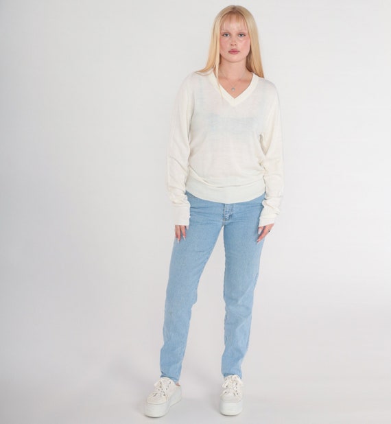 White Sweater 80s V Neck Knit Pullover Sweater Semi-Sheer Slouchy Plain Basic Simple V-Neck Knitwear Acrylic Spring Vintage 1980s Small S