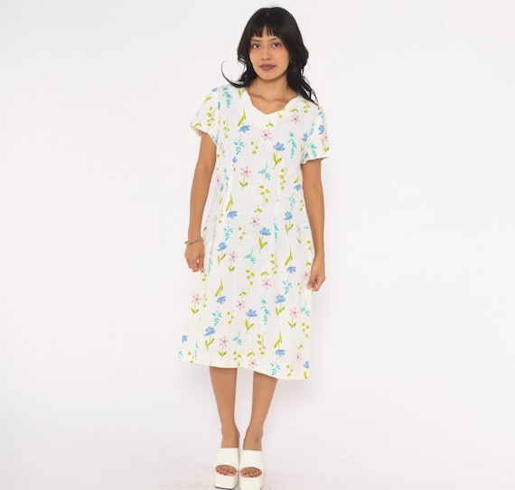 90s White Linen Floral Dress Wildflower Print Short Sleeve V Neck Shift Below Knee Blue Pink Green Cottagecore Sundress Vintage Large L