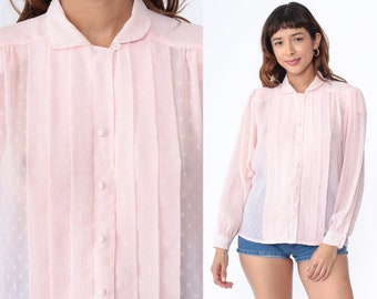 Baby Pink Blouse 80s Embossed Shirt Vintage Puff Sleeve Blouse Semi-Sheer Pleated Secretary Button Up Shirt Long Sleeve Polka Dot Medium 10