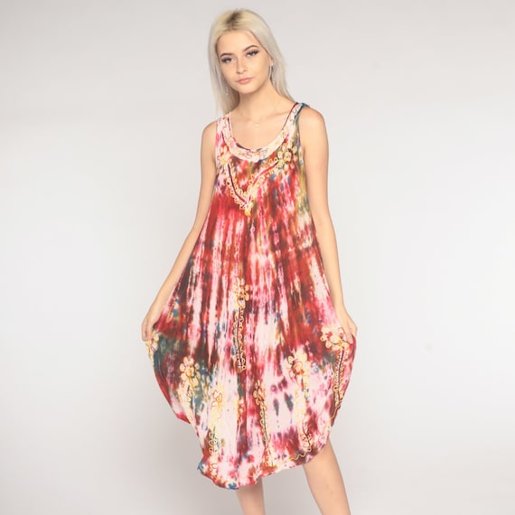 Tie Dye Dress Y2k Floral Embroidered Midi Dress Red Hippie Summer Sun Dress Tent Bohemian Sundress Boho Vintage 00s Small Medium Large