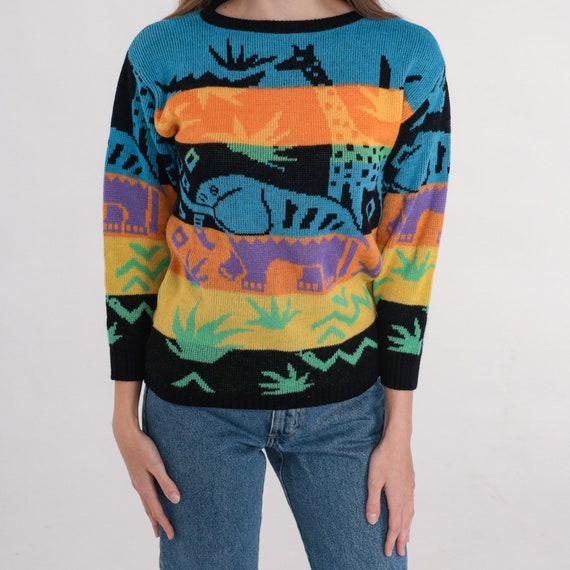 Safari Animal Sweater 90s Striped Knit Sweater El… - image 6