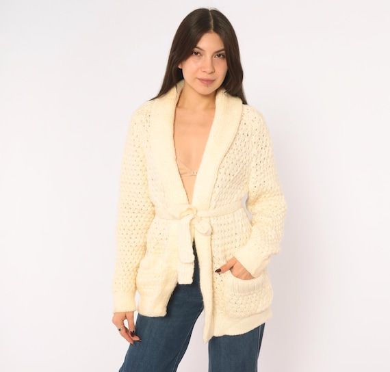 70s Cream Chunky Knit Cardigan Shawl Collar Open Front Wrap Sweater Patch Pockets Pointelle Cozy Cottagecore Bohemian Hippie Vintage Medium