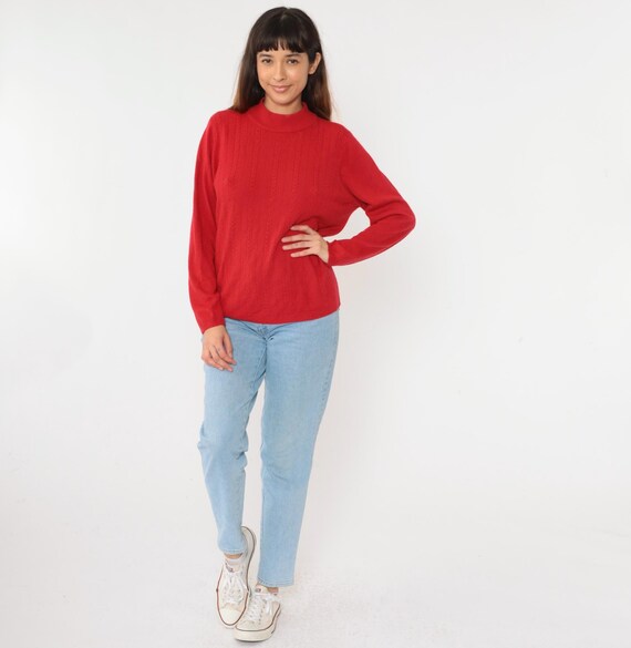 Vintage Red Cable Knit Sweater 90s Mock Neck Sweater Pullover Retro Plain Acrylic Cableknit 1990s Large L