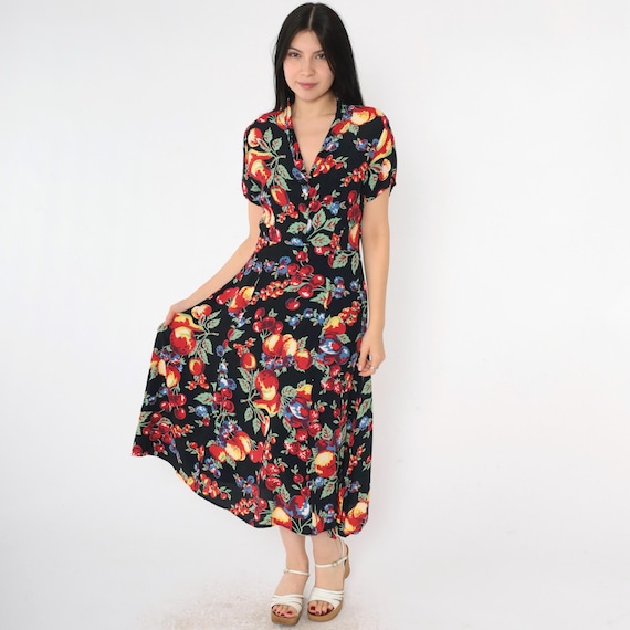 90s Fruit Print Midi Dress Vintage Black Button up Collared V Neck Floral Cherry Pearl Apple Print Day Retro Garden Party 1990s Small Medium