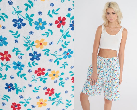 White Floral Shorts 90s Baggy Shorts Ditsy Flower Print High Waisted Wide Leg Lounge Relaxed Retro Baggy Boho Flowy Vintage 1990s Medium M