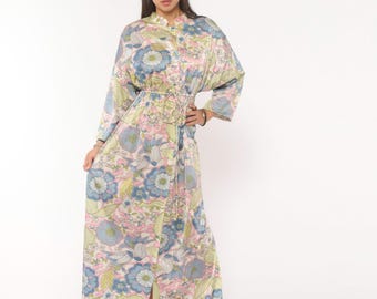 70s Psychedelic Floral Maxi Dress Vanity Fair Blue Pink Pastel Kimono Sleeve Flower Power Prairie Cottagecore Kaftan Gown Housecoat Medium M