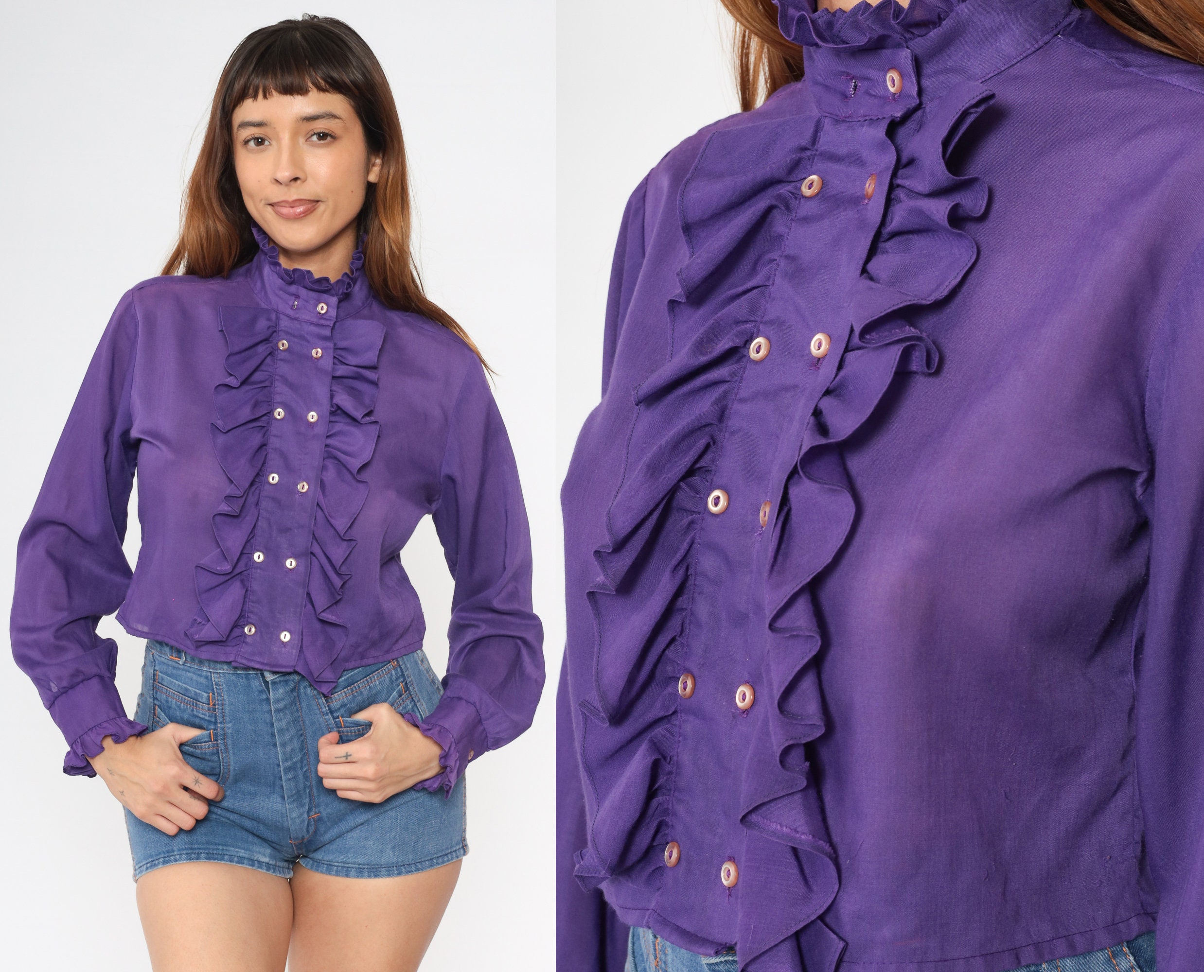 Tuxedo Crop Top 70s Purple Ruffle Blouse Button Up Boho Hippie