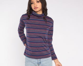 Striped Turtleneck 70s Kawaii Multicolor Navy Red Green Rainbow Mock Neck Japanese Vintage Long Sleeve Knit Colorful Winter Autumn Size L