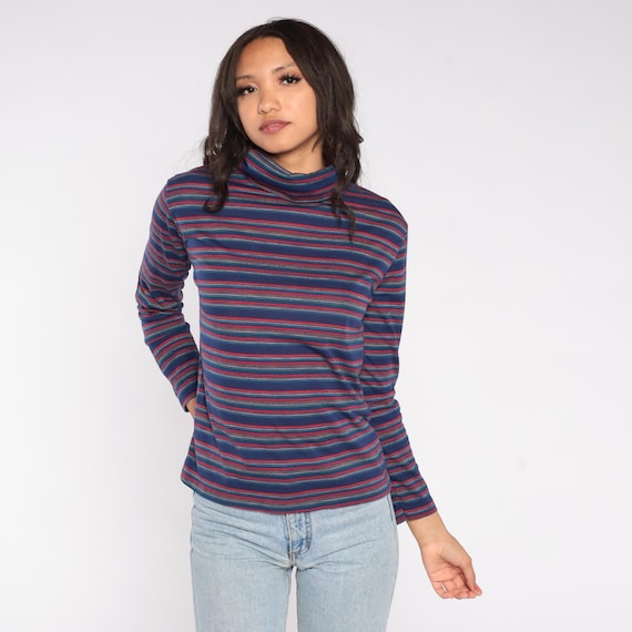 Striped Turtleneck 70s Kawaii Multicolor Navy Red Green Rainbow Mock Neck Japanese Vintage Long Sleeve Knit Colorful Winter Autumn Size L