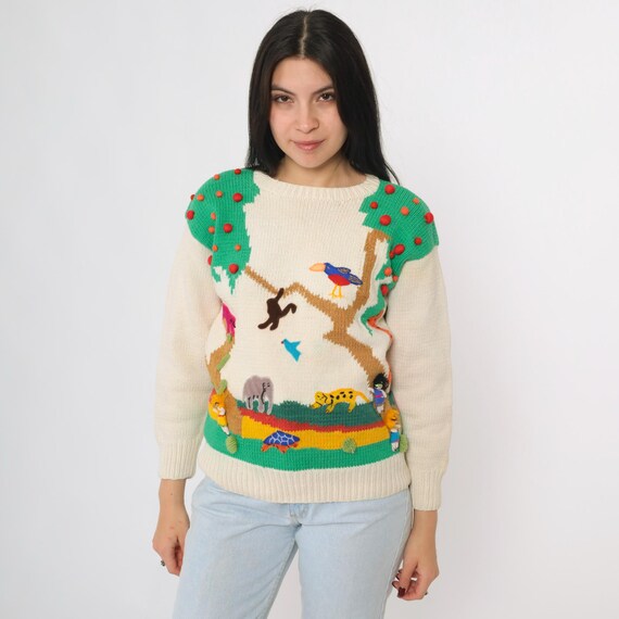 Vintage Jungle Sweater 80s Cream Peru Animal 3D Applique Safari Scene Elephant Monkey Bird 1980s Cotton Rainforest Handmade Pullover Small S
