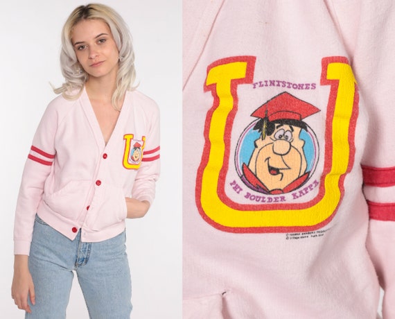 Flintstones Cardigan Sweatshirt 90s Sweatshirt Pink University Sweatshirt Joke Kawaii Sweatshirt Cartoon Graphic Vintage Small xs s