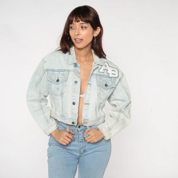 Cropped Jean Jacket 90s Anchor Blue Stone Wash Denim Jacket AB Patch Biker Crop Coat Button Up Retro Streetwear Vintage 1990s Extra Small xs