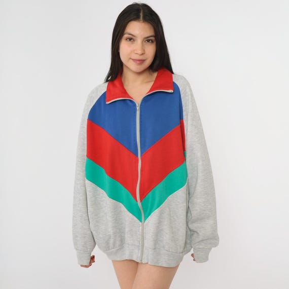 80s Chevron Zip Up Sweater Grey Red Blue Green Geometric Colorblock Track Jacket Long Sleeve Collared Retro Sportswear Volleys Sport Large L