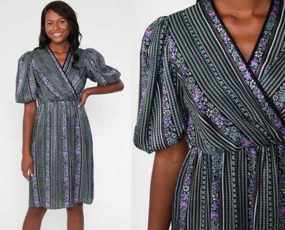 80s Midi Dress Black Striped Boho V Neck Purple Floral High Waisted Puff Sleeve 1980s Boho Vintage Garden Party Bohemian Wrap Small Medium