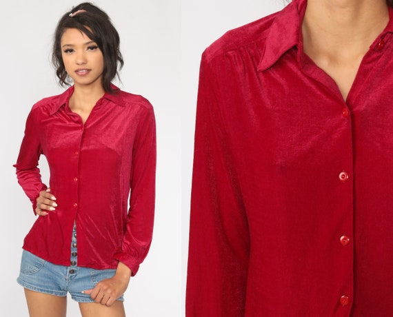 Velour Shirt Raspberry Button Up Shirt Long Sleeve Shirt 70s Soft Retro Top 1970s Boho Small Medium