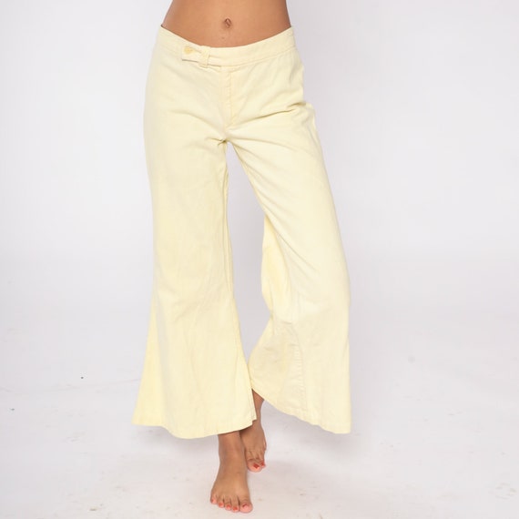 Pale Yellow Bell Bottoms 70s Flare Pants Hippie Bellbottom High Waisted Sailor Pants Bohemian Trousers Low Rise Vintage 1970s Extra Small xs