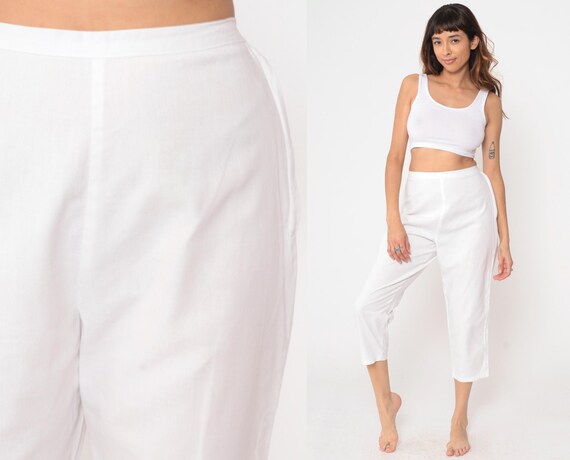 White Cropped Pants 60s High Waisted Side Zip Cotton Ankle Length