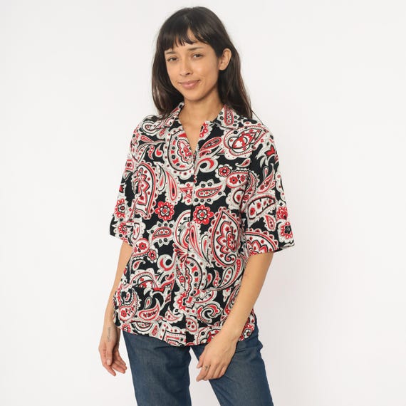 Psychedelic Paisley Shirt 70s Black Red White Button Front Short Sleeve Collar Vintage Blouse Top Hippie Bohemian Groovy 1970s Summer Medium