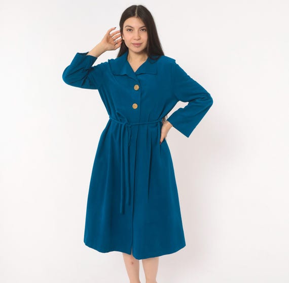 Cobalt Belted Coat 70s Vassarette Teal Wrap Robe Gold Button Front Long Sleeve Knee Length Blue Duster Housecoat Vintage Loungewear Medium M
