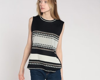 Vintage 70s Tank Top Black Off White Striped Shirt Tee Mod Shirt Retro Top Sleeveless Blouse Bohemian 1970s Polyester Seventies Large L