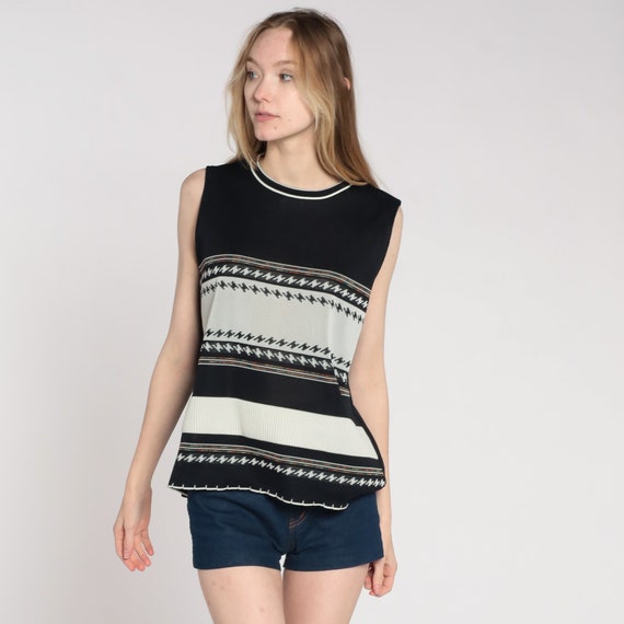 Vintage 70s Tank Top Black Off White Striped Shirt Tee Mod Shirt Retro Top Sleeveless Blouse Bohemian 1970s Polyester Seventies Large L
