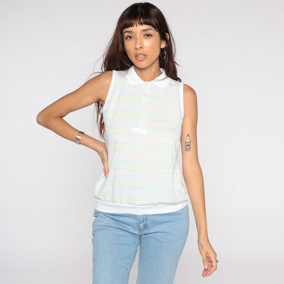 Striped Tank Top 80s Retro Shirt White Pastel Shirt Pink Blue Tee Sleeveless Top 1980s Vintage Slouchy Top Small Medium