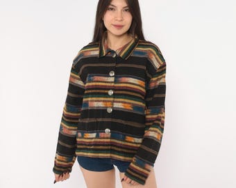 90s Southwestern Jacket Black Woven Tapestry Coat Button Front Blanket Pink Orange Teal Concho Silver Bohemian Western Americana Medium M