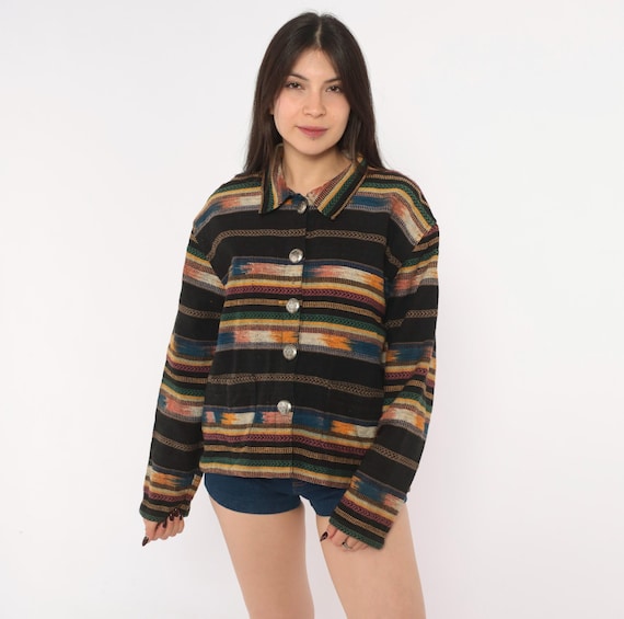 90s Southwestern Jacket Black Woven Tapestry Coat Button Front Blanket Pink Orange Teal Concho Silver Bohemian Western Americana Medium M