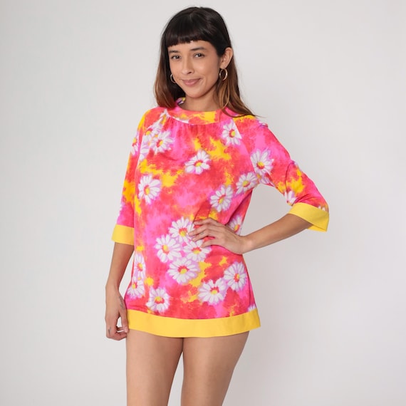 Psychedelic MICRO Mini Dress Mod Blouse 60s Top 70s Tunic Top Hawaiian Neon Floral Print Vintage Mod Flower Power Hippie Groovy Small S