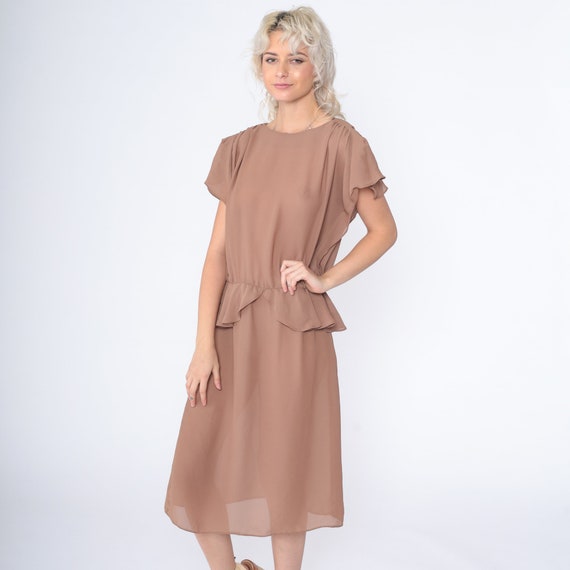 Cocoa Brown Dress 70s Midi Peplum Dress Semi-Sheer Puff Flutter Sleeve High Waisted Retro Secretary Party Plain Simple Vintage 1970s Large L