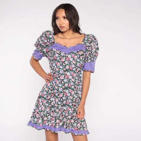 Floral Puff Sleeve Dress 90s Lilac Trim Sweetheart Neck Mini Dress Romantic Cottagecore Cotton Feminine Spring Summer Large L
