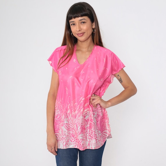 70s Floral Top Pink Tropical Blouse Lettuce Edge Hem Hippie Shirt Boho Flutter Sleeve V Neck Leaf Print 1970s Bohemian Shirt Vintage Large L