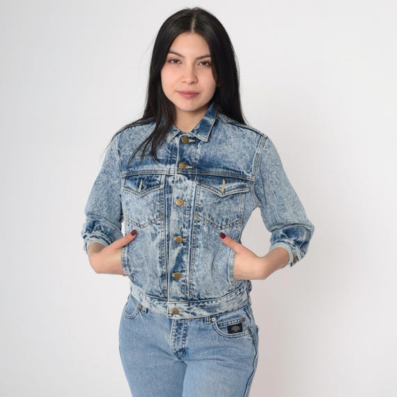 80s Denim Jacket Acid Wash Jean Jacket Vintage Trucker Button Up Blue 90s Cropped Tiny Fit 2xs xxs
