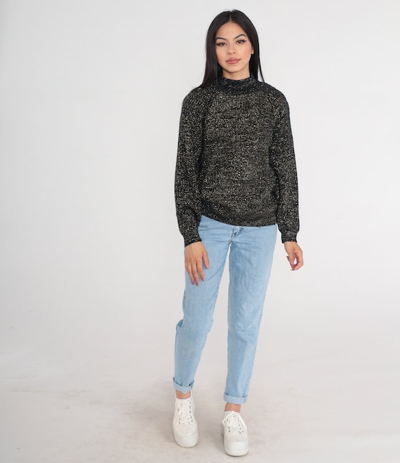 Metallic Sweater 90s Sparkly Mockneck Sweater Black Gold Knit Glitter Jumper Pullover Mock Neck Raglan Sleeve Glam Vintage 1990s Medium