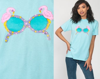 Flamingo Sunglasses Shirt Tropical TShirt Single Stitch 80s Graphic T Shirt Neon Vintage Aqua Blue Retro 1980s T Shirt Extra Small xs s