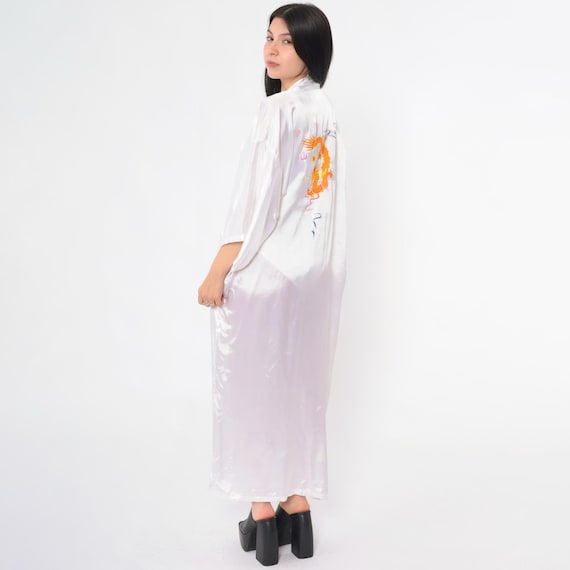 Vintage 90s Asian Kimono Robe Embroidered Satin Dragon Robe 1990s White Dressing Gown Long Maxi Bohemian Wrap Boho Hippie Rayon Medium M